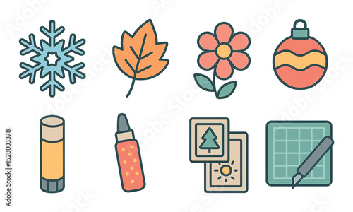Seasonal crafts isometric set. paper snowflake, autumn leaf, spring flower, holiday ornament, glue stick, glitter pen, seasonal stamps, cutting mat