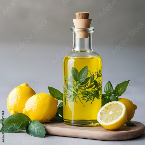 Infused Lemon and Herb Oil in Glass Bottle  