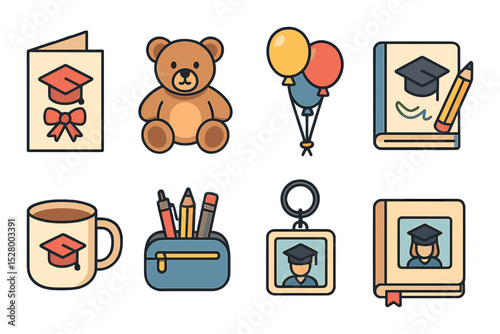 Gift for graduates isometric set. handmade card, plush teddy, balloon bouquet, coloring book, personalized mug, pencil case, photo keychain, memory