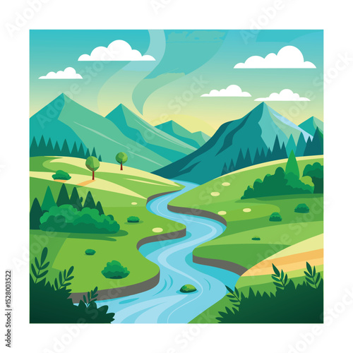 Scenic River Valley with Mountains and Green Hills

