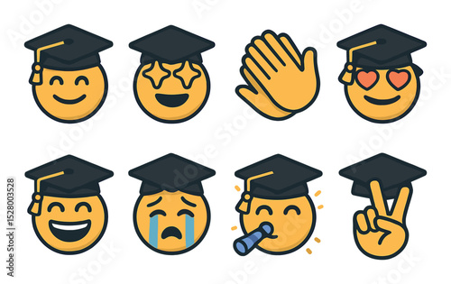 Graduation emoji pins isometric set. proud face, sparkle eyes, clapping hands, cap with heart eyes, laughing grad, crying emoji, party emoji, peace sign