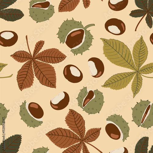 horse chestnut seeds and leaves autumn seamless pattern. Fall ornament for fabric, wrapping