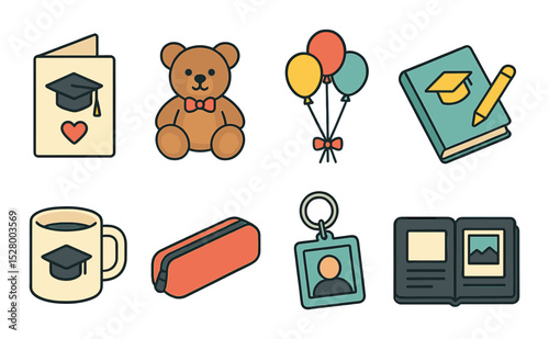 Gift for graduates isometric set. handmade card, plush teddy, balloon bouquet, coloring book, personalized mug, pencil case, photo keychain, memory