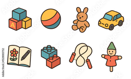 Playtime fun isometric set. toy blocks, bouncing ball, stuffed animal, toy car, coloring book, building bricks, jump rope, puppet