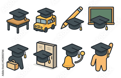 Grad cap and school day isometric set. cap at desk, cap on school bus, cap with pencil, cap near chalkboard, cap holding lunchbox, cap in hallway, cap by