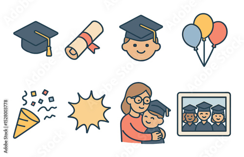 Kindergarten graduation day isometric set. mini cap, diploma scroll, smiling child, balloon bunch, confetti, “Yay!” sign, teacher hug, class photo frame