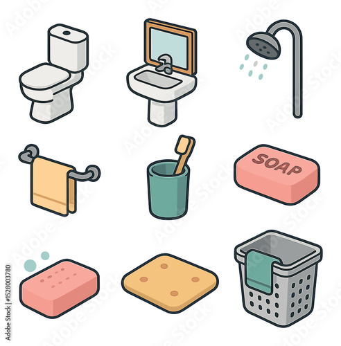 Bathroom essentials isometric set. toilet, sink with mirror, showerhead, towel rack, toothbrush cup, soap bar, bath mat, laundry basket