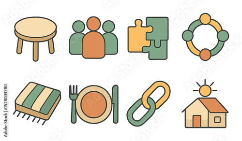 Togetherness matters isometric set. round table, group of silhouettes, puzzle pieces, unity circle, blanket, dinner plate, linked chain, sun above home