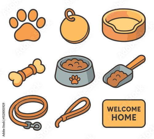 Pet welcome isometric set. paw print, collar tag, dog bowl, soft bed, chew toy, leash, food scoop, “welcome home” pet mat