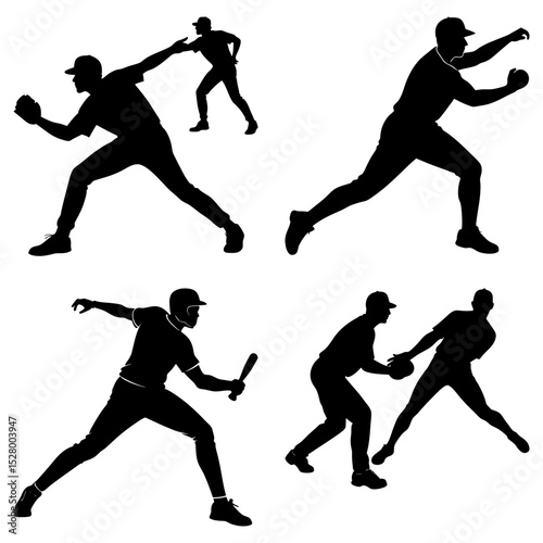 Four black scorpion illustrations with detailed exoskeletons and menacing claws on a white background design