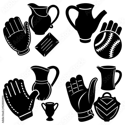 Four scottish terrier dogs in silhouette standing in various poses on a white background graphic art