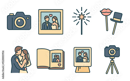 Wedding photography isometric set. camera, photo frame, sparkler send-off, photo booth props, couple pose, photo album, instant print, camera tripod