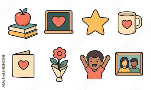 Teacher appreciation clipart isometric set. apple on books, chalkboard heart, gold star, teacher mug, thank-you note, flower gift, happy student, class