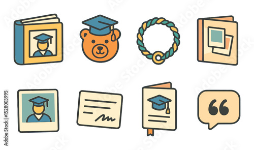 Graduation memories isometric set. photo album, school mascot, friendship bracelet, scrapbook, instant photo, autograph card, saved program, grad quote