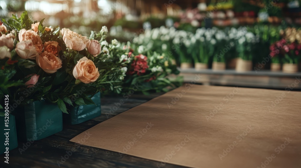 Obraz premium A beautifully arranged selection of colorful flowers set in a quaint shop, showcasing the vibrant beauty of nature and the artistry of floristry in a serene environment.