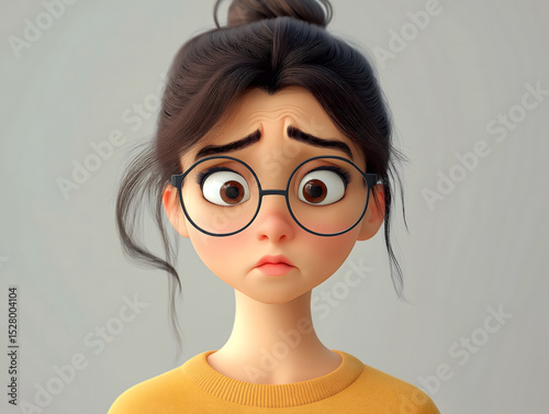 Sad stressed upset cartoon character young girl