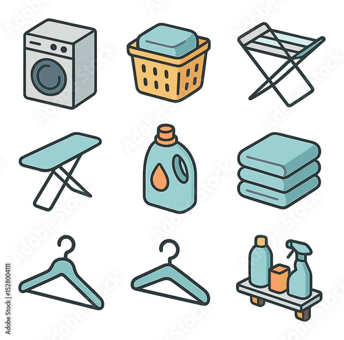 Laundry room isometric set. washing machine, laundry basket, detergent bottle, drying rack, ironing board, clothes hanger, folded towels, cleaning shelf