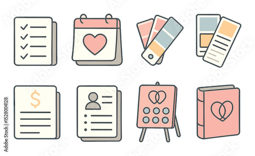 Wedding planning isometric set. checklist, calendar with heart, color swatches, mood board, budget sheet, guest list, seating chart, wedding binder