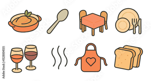 Shared meals isometric set. homecooked dish, serving spoon, cozy table, dishware set, wine glasses, steam lines, family apron, toast