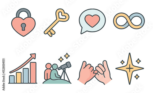 Promise and future isometric set. heart lock, key of love, shared dream bubble, infinity ring, couple goals chart, stargazing icon, holding pinkies