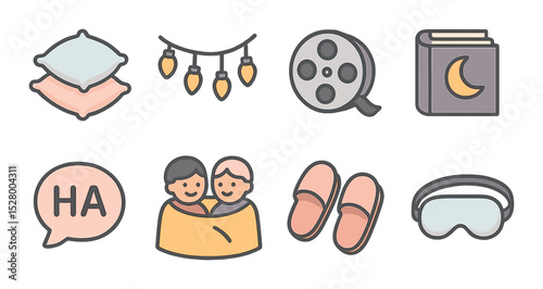 Sleepovers and bonding isometric set. pillow pile, fairy lights, movie reel, bedtime book, giggle bubble, shared blanket, slipper pair, sleep mask