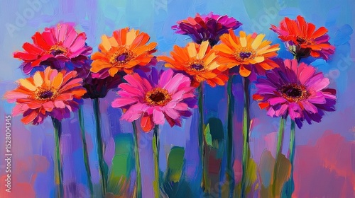 Vibrant floral still life painting of gerbera daisies.