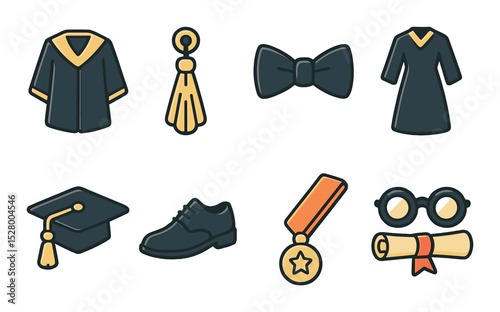 Graduation fashion pins isometric set. robe pin, tassel brooch, bow tie icon, gown silhouette, cap charm, dress shoes, sash with medal, glasses with scroll