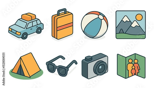 Family holiday time isometric set. road trip car, suitcase, beach ball, mountain view, tent icon, sunglasses, travel camera, family map