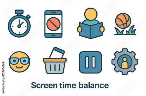 Screen time balance isometric set. timer icon, screen limit sign, reading alternative, outdoor play symbol, blue light emoji, device basket, pause button.