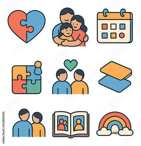 Blended family unity isometric set. puzzle hearts, stepfamily hug, shared calendar, name labels, board games, bonding time icon, open photo book, rainbow