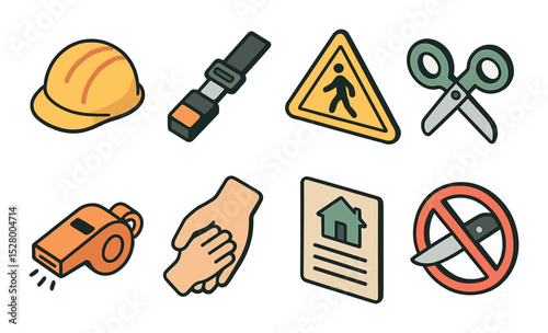 Safety habits isometric set. helmet, seatbelt, crossing sign, safe scissors, emergency whistle, parent hand hold, house rules poster, no sharp objects