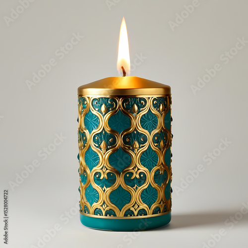 Teal and Gold Patterned Candle with Lit Flame  
