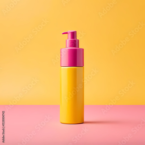 Teal Cosmetic Bottle with Pink Lid on Yellow Background 