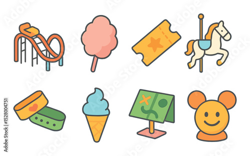 Theme park day isometric set. roller coaster, cotton candy, entry ticket, carousel horse, family wristbands, ice cream cone, map stand, smiling mascot