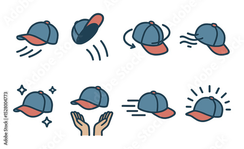 Caps in motion clipart isometric set. cap flying, tossed cap, spinning cap, cap with wind, cap with stars, cap above hands, cap trail, celebration burst