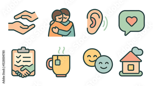 Support and care isometric set. helping hands, comfort hug, open ears, encouraging words bubble, shared task list, wellness tea, smiling faces, peaceful