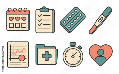 Family planning tools isometric set. calendar with hearts, checklist board, contraceptive pills, pregnancy test, ovulation chart, medical folder, stopwatch