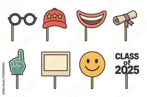 Fun photo props isometric set. glasses on stick, cap with stars, giant smile cutout, mini diploma, foam hands, cardboard frame, emoji mask, class of 2025