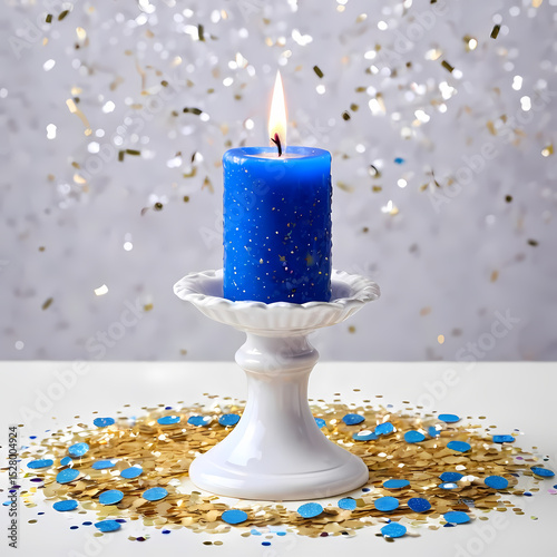 Ten blue candles burning brightly on a white candle holder, surrounded by glittering confetti.  