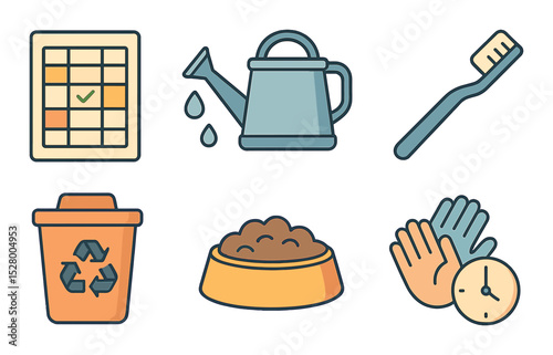 Building responsibility isometric set. chore chart, watering can, laundry basket, toothbrush, clean-up bin, feeding pet bowl, helping hands icon, time