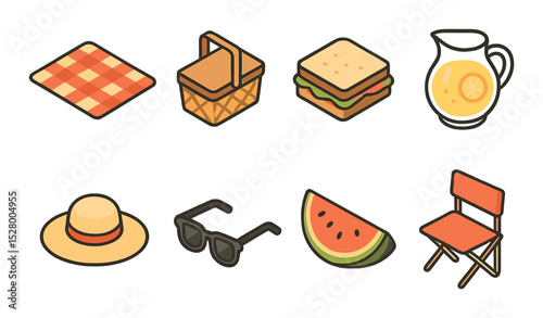 Family picnic isometric set. checkered blanket, picnic basket, sandwich, lemonade jug, sunhat, sunglasses, watermelon slice, folding chair