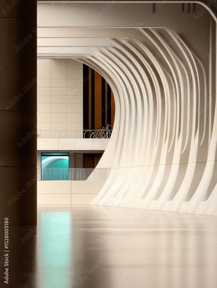 Obraz premium Modern architectural interior with curved white walls and bicycle on balcony