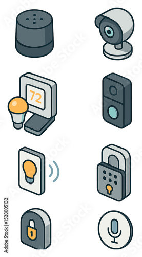 Smart home tech isometric set. smart speaker, thermostat, security camera, doorbell cam, app-controlled light, motion sensor, smart lock, voice command