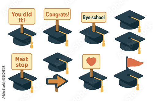 Cap with quotes and signs isometric set. cap holding “You did it!”, cap with “Congrats!”, cap with “Bye school”, cap with “Hello world”, cap with “Next