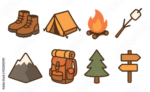Mountain family getaway isometric set. hiking boots, tent, campfire, marshmallow stick, mountain peak, family backpack, pine tree, trail sign