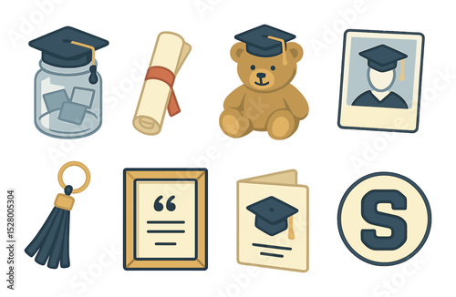 Graduation keepsakes isometric set. memory jar, mini diploma, grad bear, photo magnet, tassel keychain, framed quote, thank-you card, school logo sticker