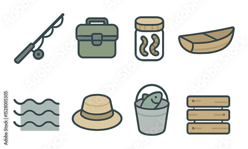 Fishing with grandpa isometric set. fishing rod, tackle box, worm jar, boat, lake waves, sun hat, fish bucket, dock plank