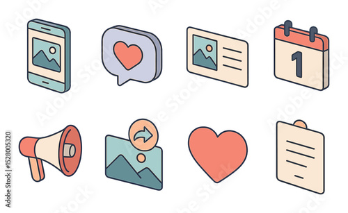 Announcing the news isometric set. smartphone with photo, speech bubble with heart, postcard, calendar date, megaphone, shared image icon, social media