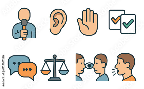 Communication skills isometric set. talking stick, listening ear, hand gesture, yes/no cards, shared dialogue icon, balanced scale, eye contact, respectful