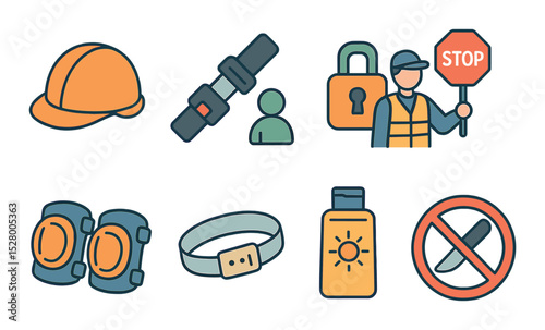 Safety and care isometric set. helmet, seatbelt, knee pads, child lock icon, crossing guard, ID bracelet, sunscreen, no sharp objects sign